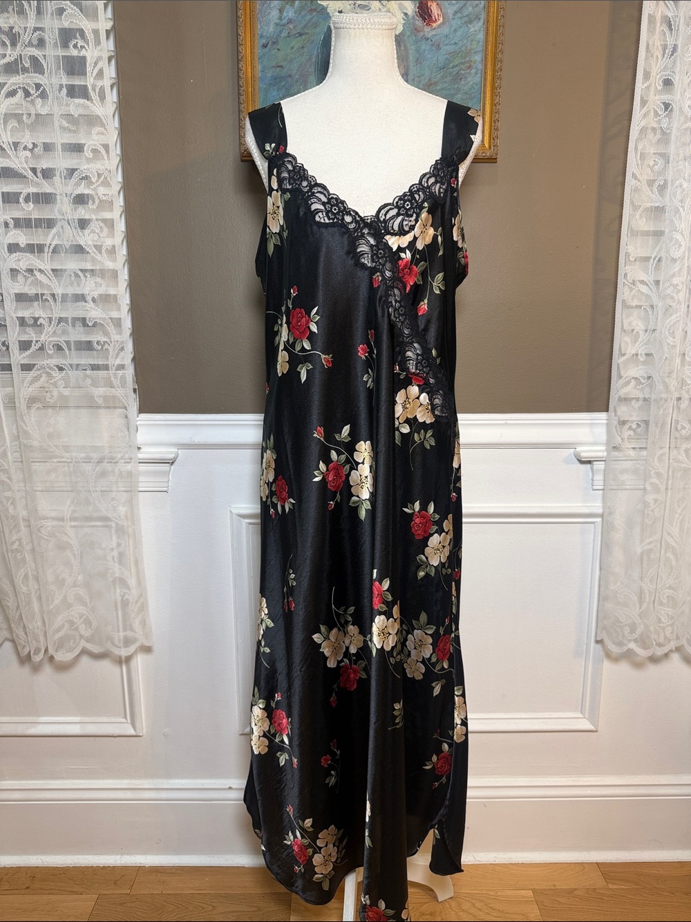 Vintage Adonna Black Floral Lace Maxi Slip Dress L Goth Romantic